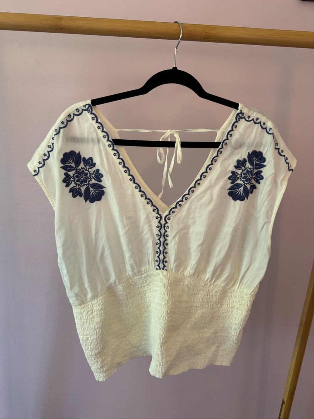 Old Navy White Blouse with Navy Floral Embroidery